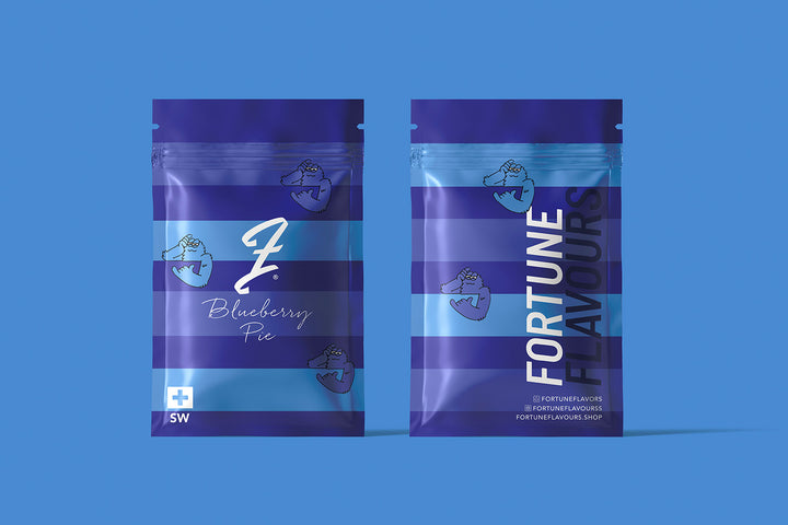 Two packages of Blueberry Pie CBD flower by FortuneFlavours, with blue stripes branding on a light blue background