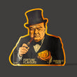 Load image into Gallery viewer, A die-cut sticker or decal featuring an illustrated portrait of Winston Churchill in a black top hat and suit, holding a cigar and a wedge of cheese. The text reads 'FORTUNE FLAVOURS' and 'CHURCHILL'S CHEESE' with '3.
