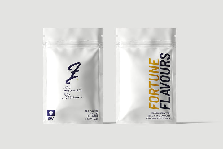 Two Fortune Flavours CBD flower pouches, front and back on a light grey background