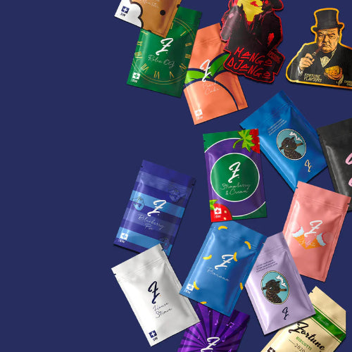 Various Fortune Flavours branded CBD Packages with different designs on a blue background