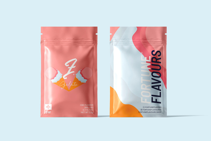 Two packages of Gelato CBD flower by FortuneFlavours, with peach branding on a light blue background