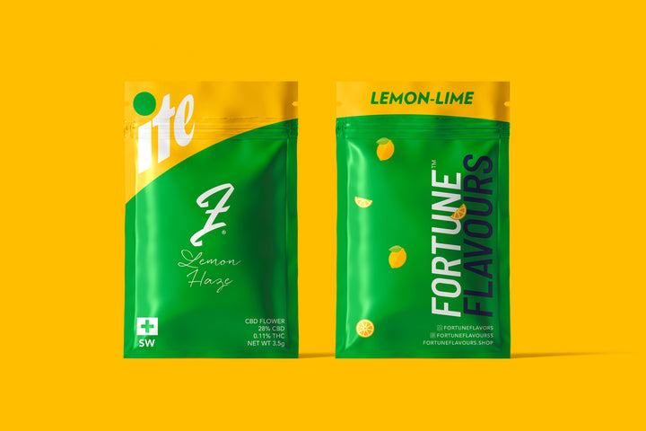 Two packages of Lemon Haze CBD flower by FortuneFlavours, with bright green branding on a yellow background