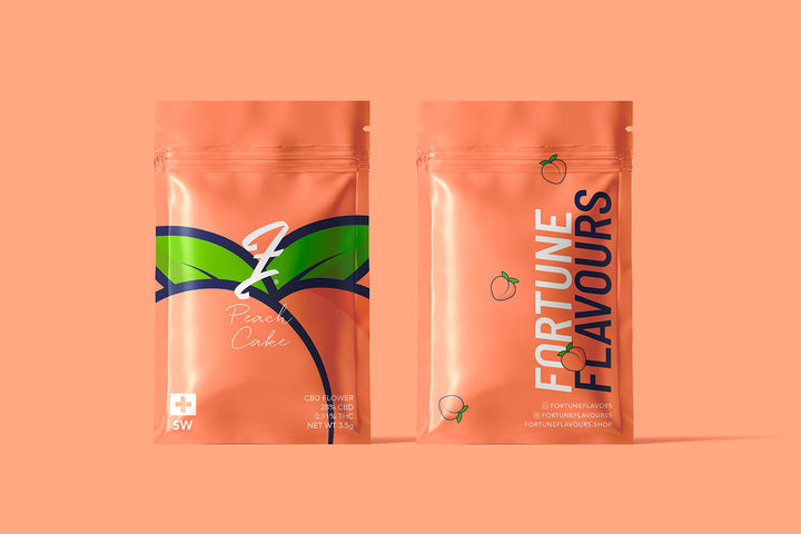 Two packages of Peach Cobler CBD flower by FortuneFlavours, with peach branding on a light peach background