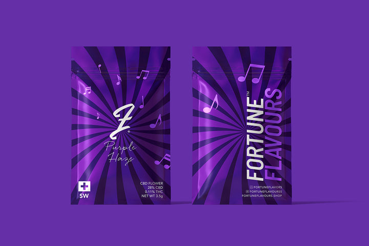 Two packages of Purple Haze CBD Flower from Fortune Flavours, set against a purple background.